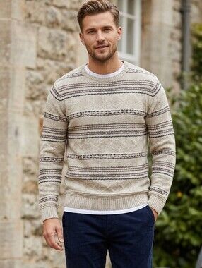 SPRINGFIELD Striped Knit Crewneck Sweater in Grey and Navy Size M